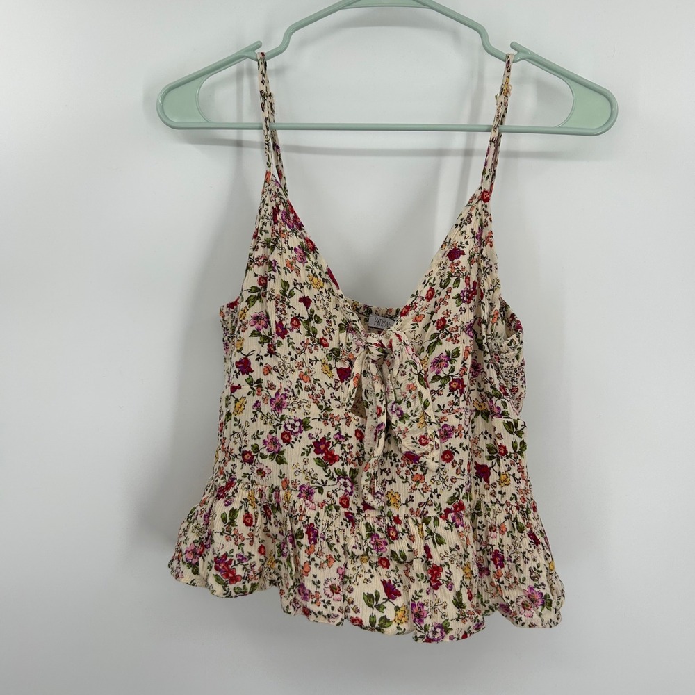 Patrons of Peace Womens Floral Tie Front Smocked Peplum Cami Top Cream Large